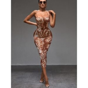 CALLIARA Elegant Women's Marble Print Spaghetti Strap Bodycon Midi Dresses for Ladies